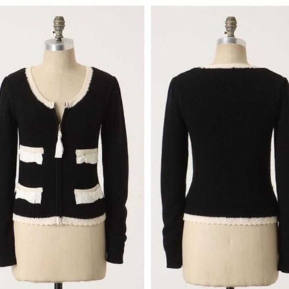 Anthropologie Sleeping on Snow Black and White 100% Wool Knit Zipper Jacket Sz S